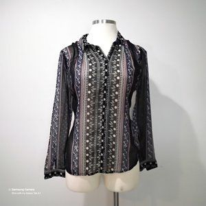 FREE PEOPLE Long Sleeve Black & Tan Floral Abstract Hi-Lo Swimsuit Cover NWT L